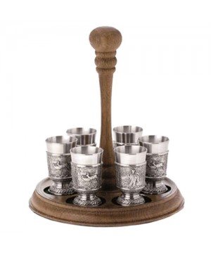 Tin shot set with a wooden tray 