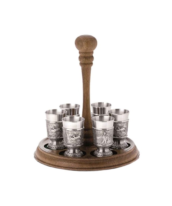 Tin shot set with a wooden tray 